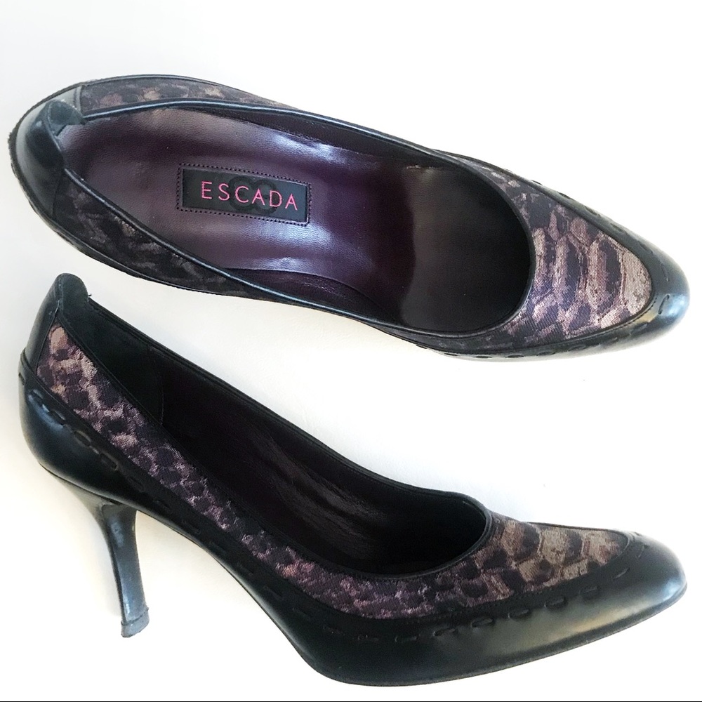 Escada 37  Black Leather Purple Snake Print Heels